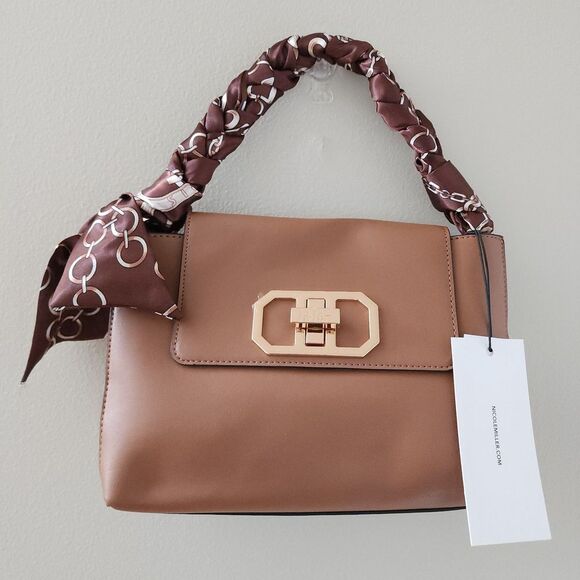 Nicole Miller Handbags - Nicole Miller Brown with Rose Gold HandBag - Matching Braided Twilly Strap NWT